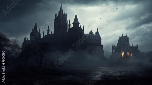Foreboding Gothic Castle, Darkly Lit, Silhouette, Moody Ambience, generative AI