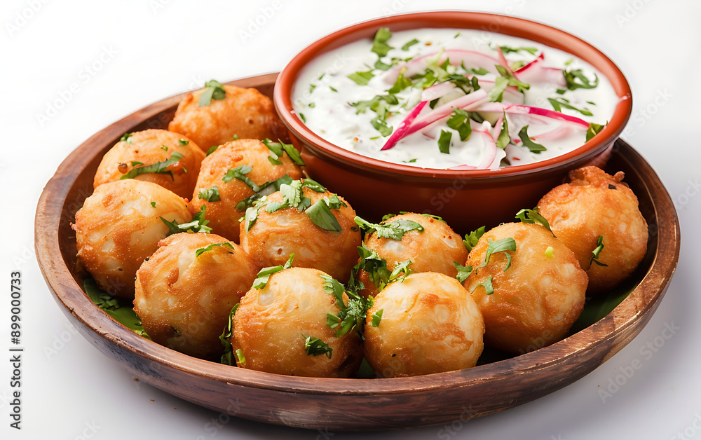 Plate of tasty Dahi vada with on white background.