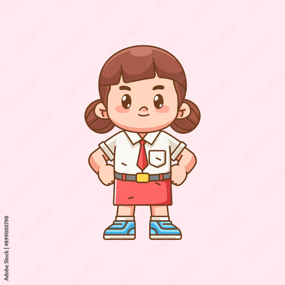 Cute girl Indonesian student elementary school standing pose kawaii chibi character mascot illustration Cute girl Indonesian student elementary school standing pose kawaii chibi character mascot illustration