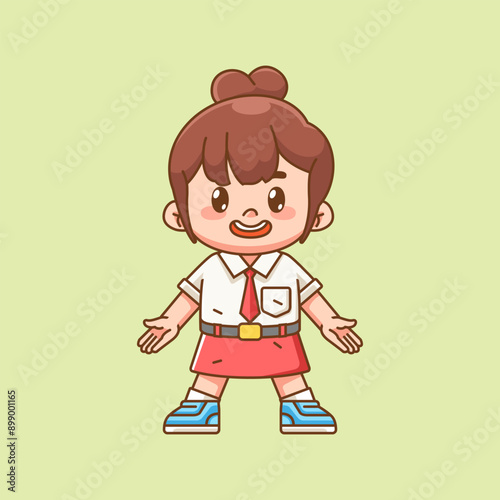 Cute happy girl Indonesian student elementary school kawaii chibi character mascot illustration