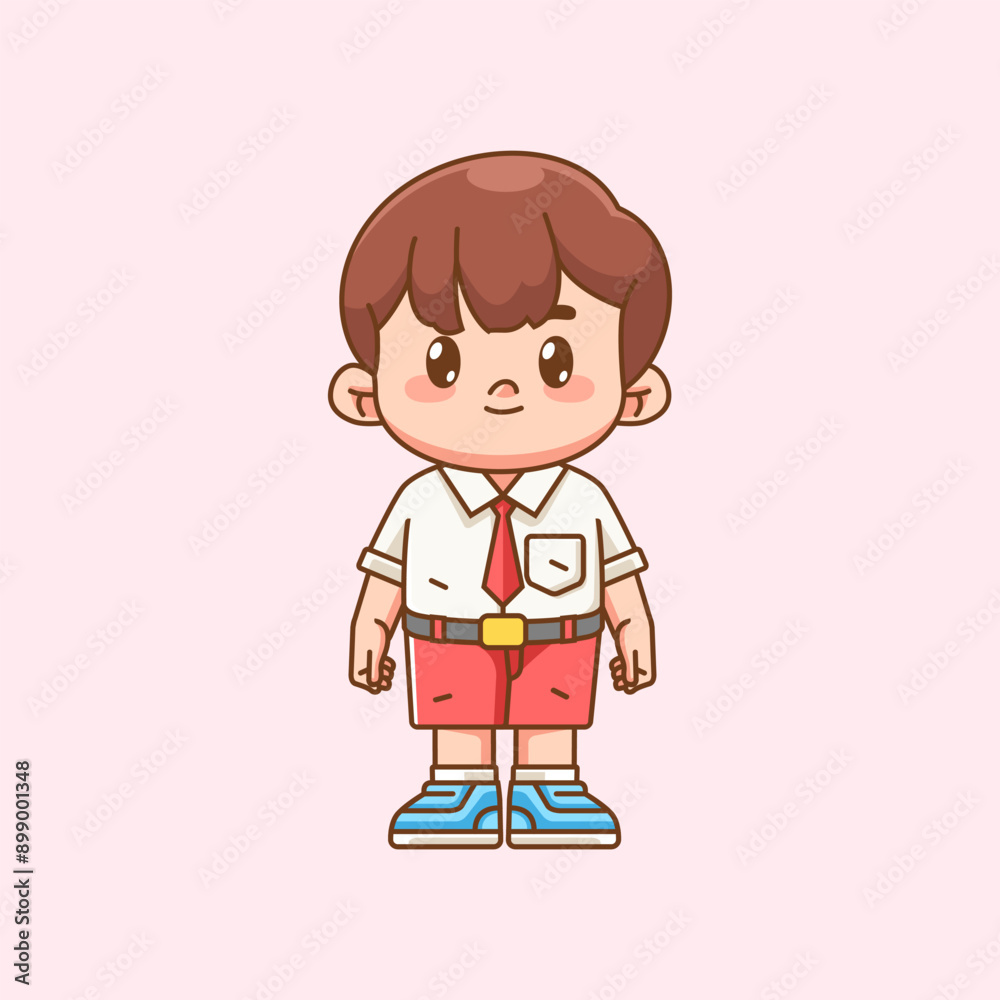 Cute boy Indonesian student elementary school stand kawaii chibi character mascot illustration Cute boy Indonesian student elementary school stand kawaii chibi character mascot illustration