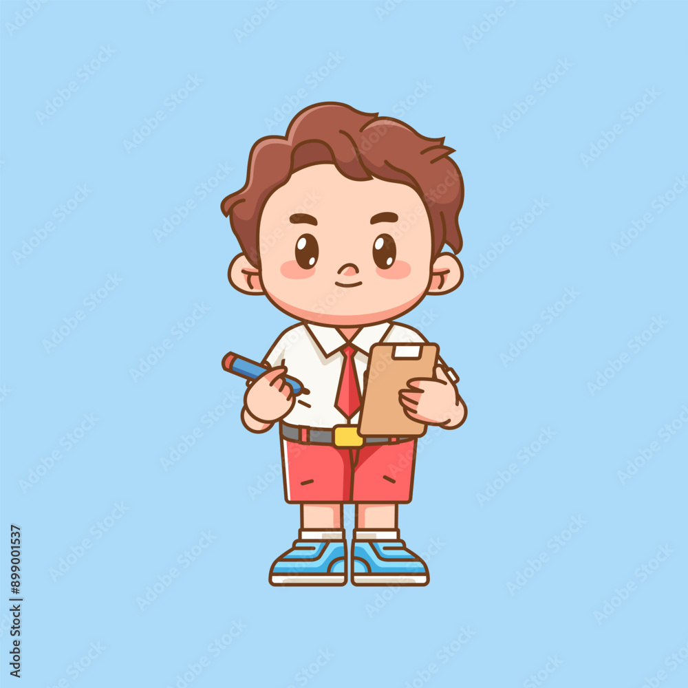 Cute boy Indonesian student elementary school write notes kawaii chibi character mascot illustration