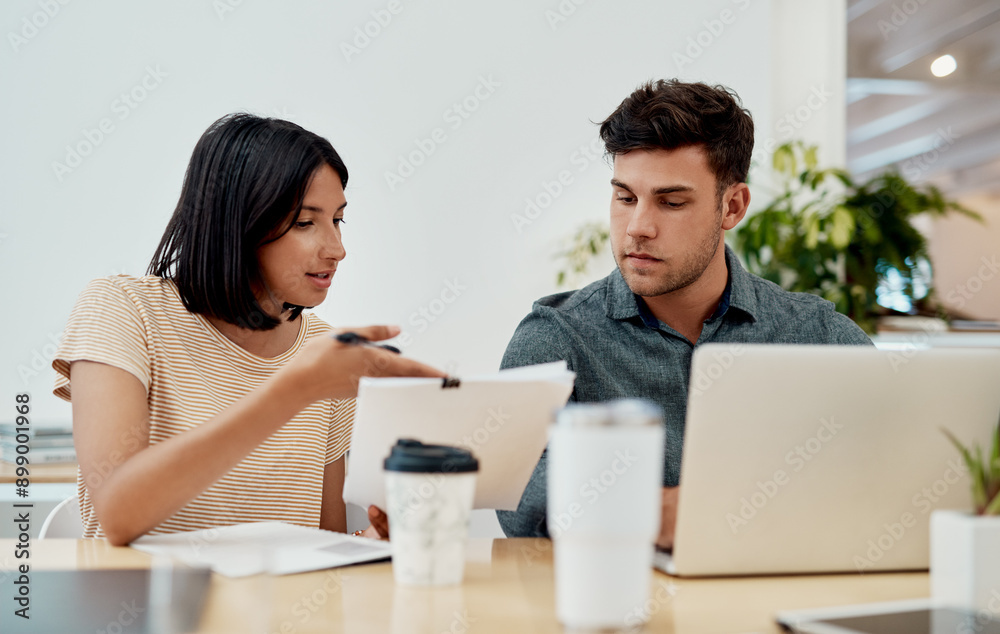 Business people, laptop and documents with teamwork, connection and planning for startup, project and internet. Cooperation, coworkers and employees with pc, online reading and paperwork for funding Business people, laptop and documents with teamwork, connection and planning for startup, project and internet. Cooperation, coworkers and employees with pc, online reading and paperwork for funding