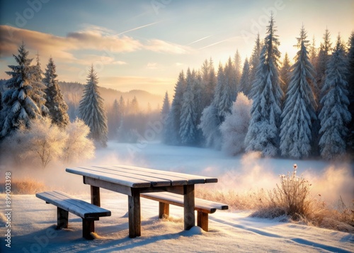 Rustic wooden table stands alone in the stillness, surrounded by frosty mist, in front of a soft, blurred winter landscape with snow-covered trees. photo