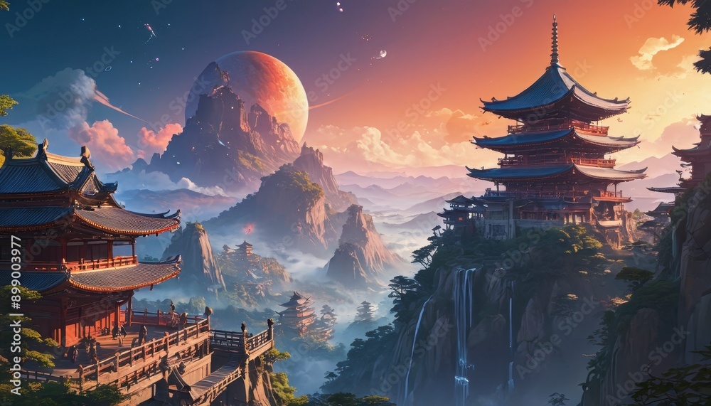 Fototapeta premium Ancient Temple in a Misty Mountain Landscape.