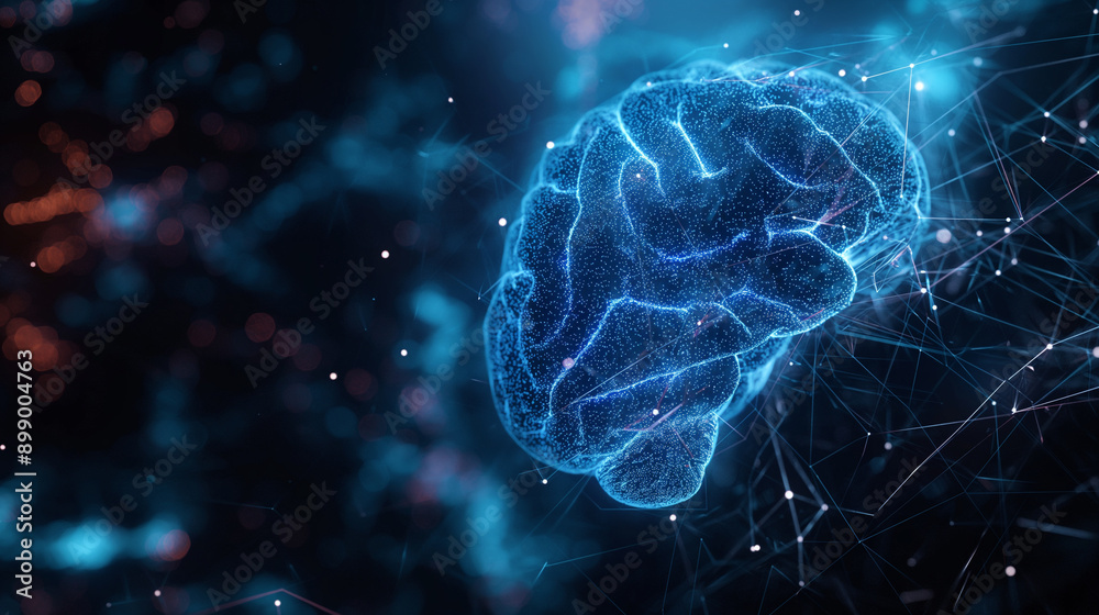 Blue Digital Human Brain With Lines and Dots in Dark Space Blue Digital Human Brain With Lines and Dots in Dark Space