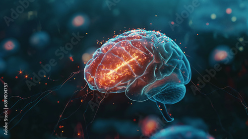 Digital Rendering of a Human Brain With Glowing Synapses