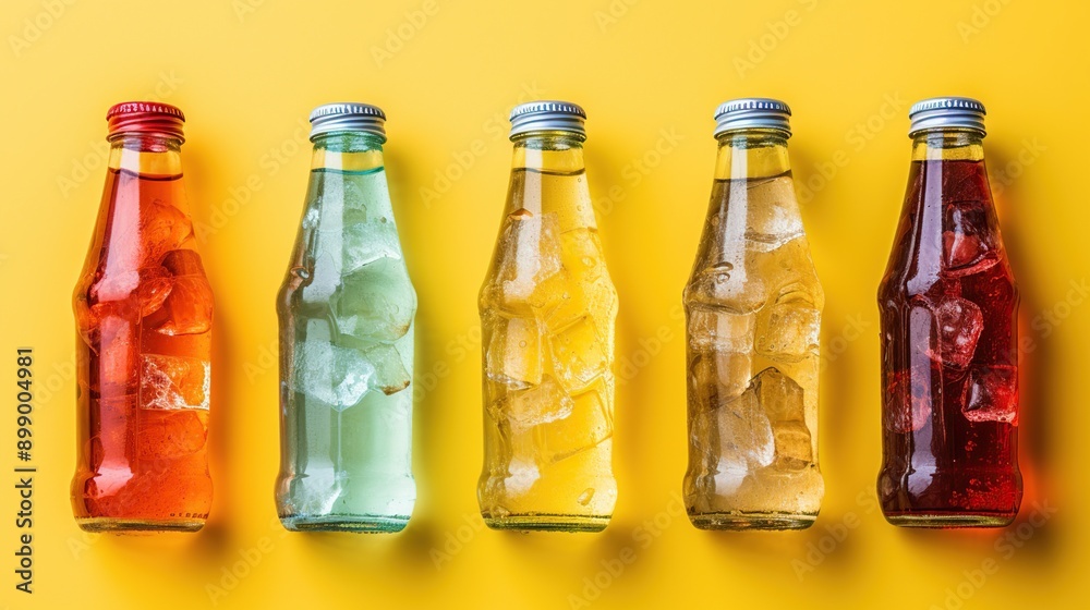Five Glass Bottles with Colored Liquids and Ice Cubes Five Glass Bottles with Colored Liquids and Ice Cubes