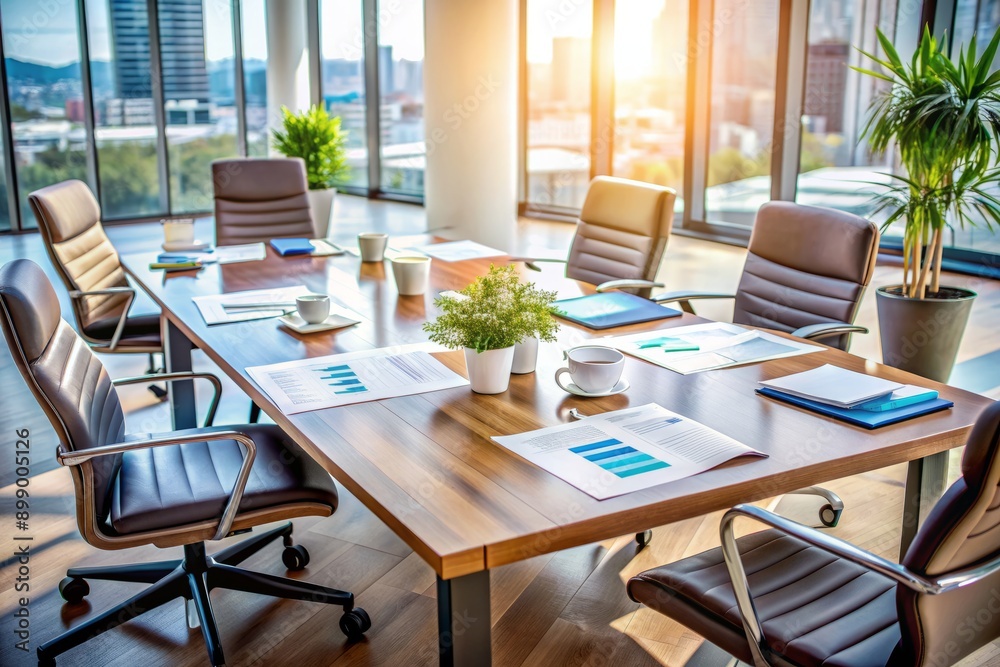 Fototapeta premium A modern office table scattered with open papers, brochures, and reports, surrounded by empty chairs, highlighting business collaboration and consulting through analytics and data.