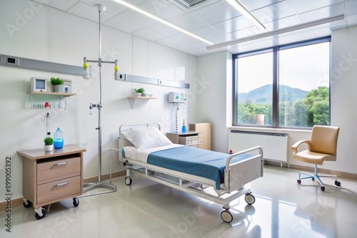 Hospital room with empty bed, IV stand, and medical equipment surrounded by sterile walls, perfectly capturing the serene atmosphere of a clinical setting. photo