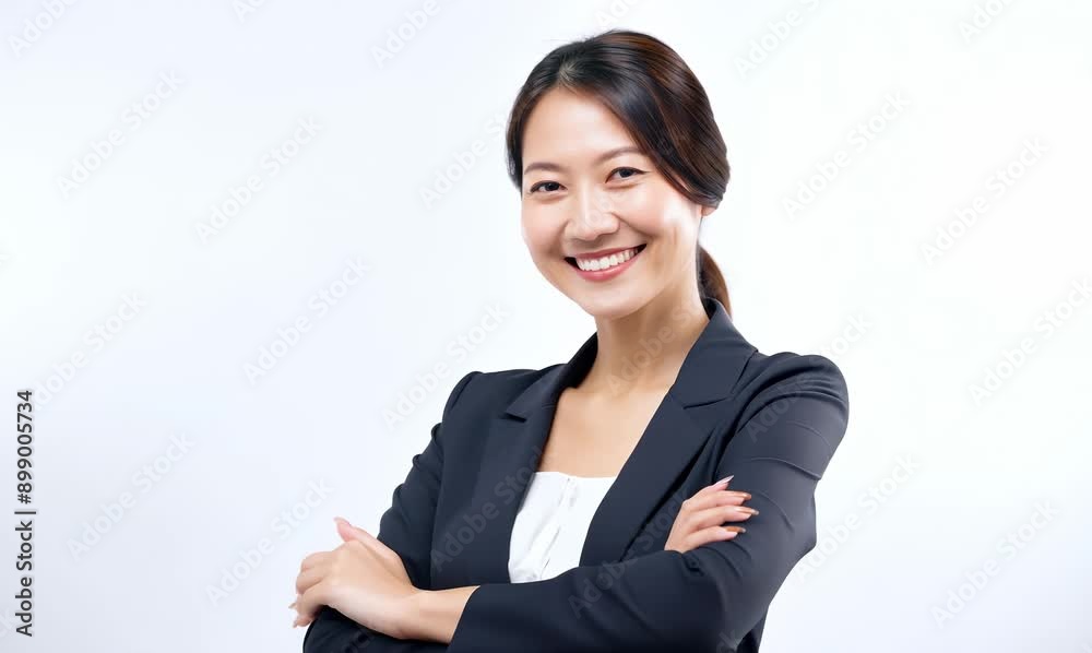 Portrait of a happy asian businesswoman standing with arms folded over white background Portrait of a happy asian businesswoman standing with arms folded over white background