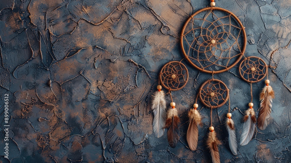 Dream catcher in beige and brown on textured dark gray backdrop with space for text Dream catcher in beige and brown on textured dark gray backdrop with space for text