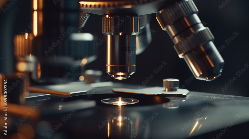 A Close-Up View of a Microscope Lens Focused on a Glass Slide A Close-Up View of a Microscope Lens Focused on a Glass Slide