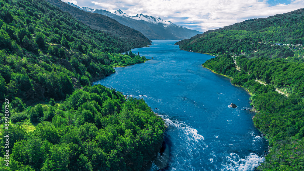Aerial view of the Baker River with its turquoise waters Aerial view of the Baker River with its turquoise waters