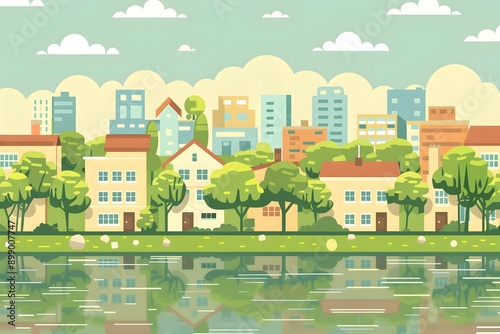 Cityscape with Buildings, Trees, and a River Illustration © Adobe Contributor