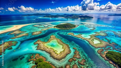 Fototapeta Naklejka Na Ścianę i Meble -  Breathtaking aerial view of stunning coral reef formations surrounding Heart Island, Whitsundays, Queensland, with crystal-clear turquoise waters and vibrant sea life.