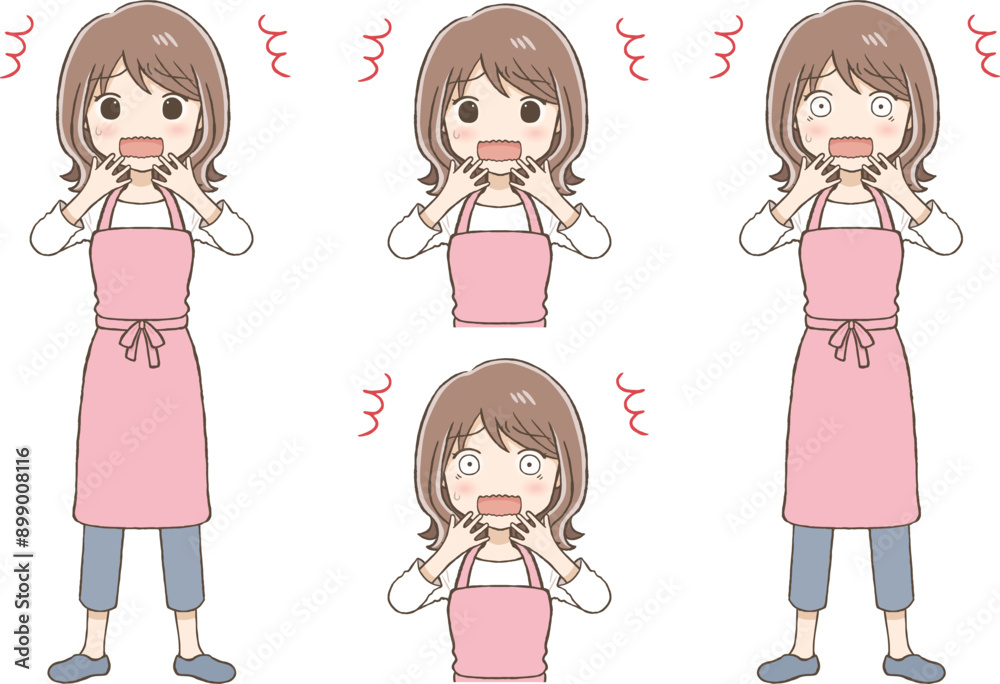 Woman in an apron showing a surprised expression Woman in an apron showing a surprised expression