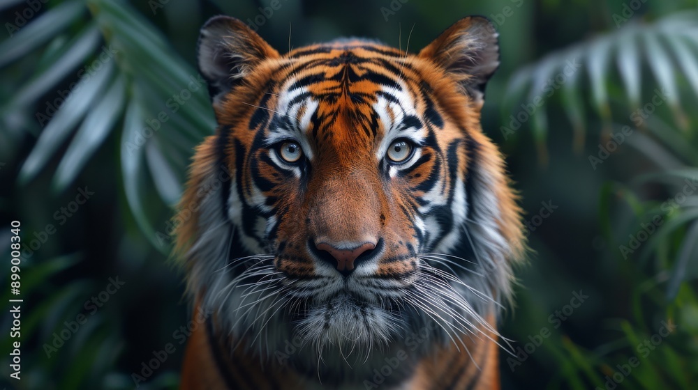 Majestic sumatran tiger posing in a lush jungle, its intense gaze captivating the viewer Majestic sumatran tiger posing in a lush jungle, its intense gaze captivating the viewer
