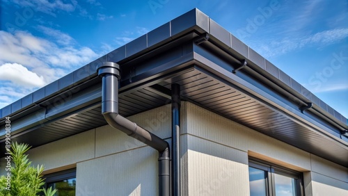 Sleek black roof gutter and downpipe system seamlessly integrates into modern home's angular architecture, accentuating clean lines and minimalist design aesthetic.