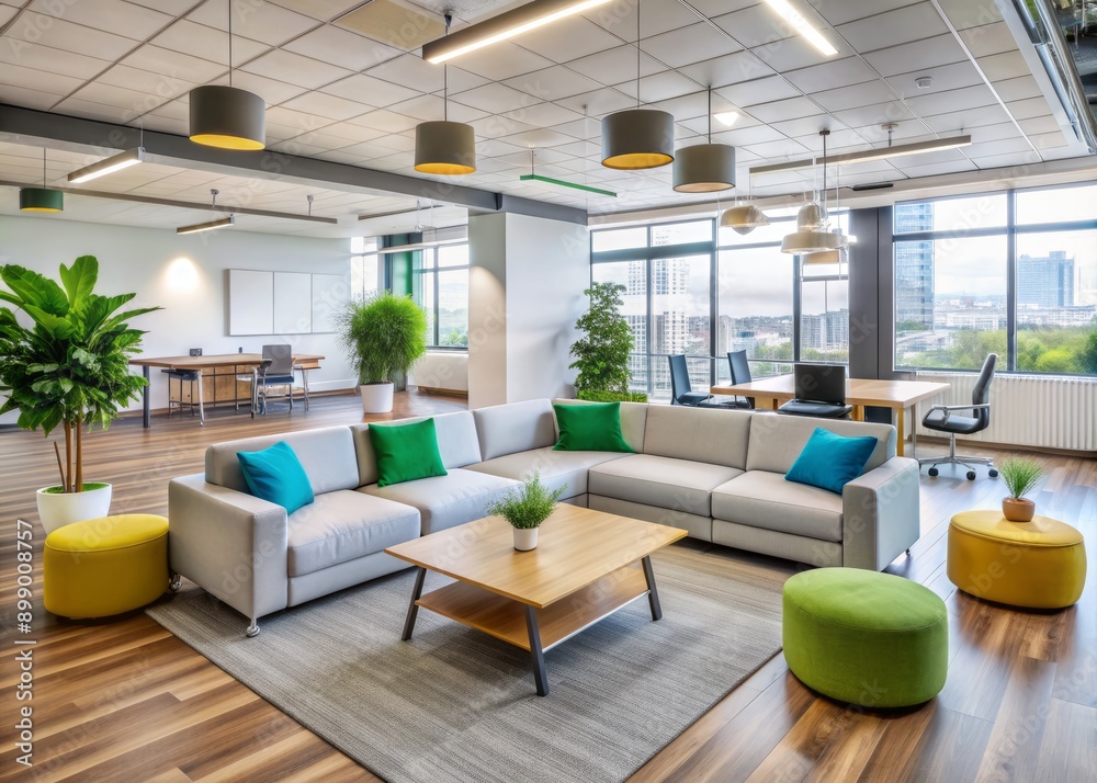 Modern open-plan office space fuels collaboration with modular furniture, vibrant whiteboards, and a cozy seating area, perfect for sparking innovative idea exchange among teams. Modern open-plan office space fuels collaboration with modular furniture, vibrant whiteboards, and a cozy seating area, perfect for sparking innovative idea exchange among teams.