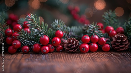 Festive Evergreen Pine and Red Berries on Wood Background for Christmas Holiday Decorations with Copy Space