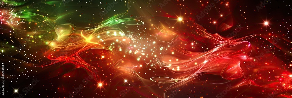 Abstract Christmas background with red and green swirling lights and stars Abstract Christmas background with red and green swirling lights and stars