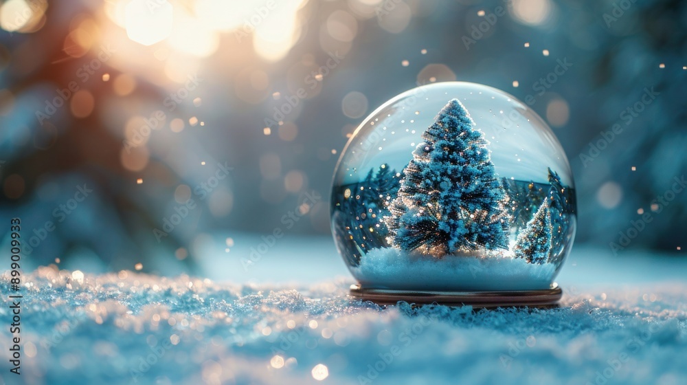 Festive Christmas Glass Ball with Tree on Winter Background Festive Christmas Glass Ball with Tree on Winter Background