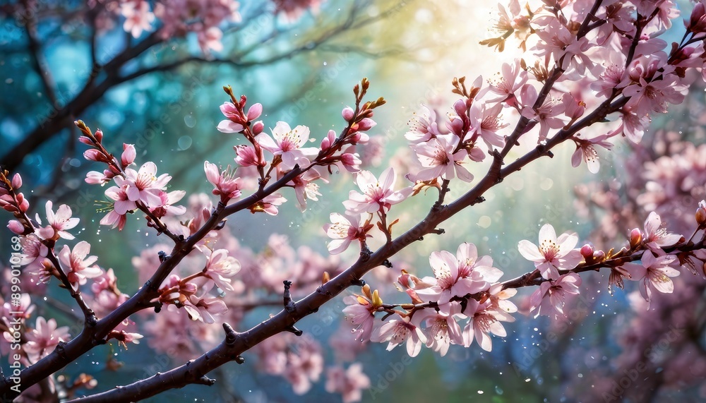 Pink Blossom Tree Branch with Sunbeams. Pink Blossom Tree Branch with Sunbeams.