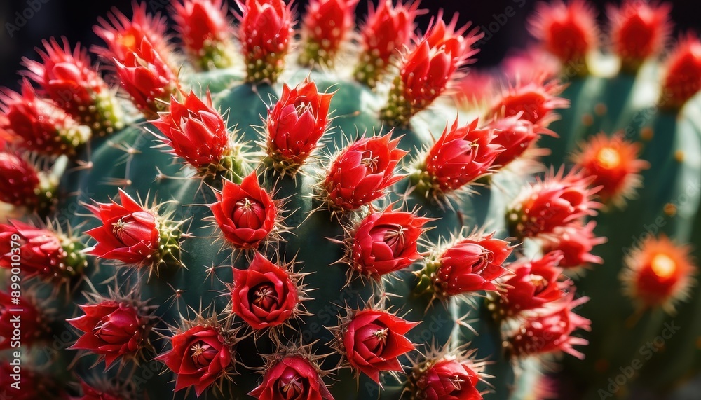 Red Cactus Flower Buds Close Up.