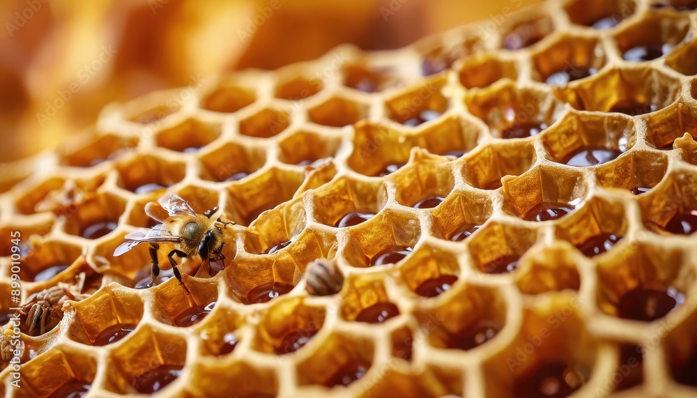 Honeycomb with Honey and Bee Close Up. Honeycomb with Honey and Bee Close Up.