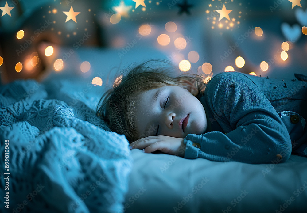 Photo portrait of Peaceful Child Sleeping Under a Starry Night Light Photo portrait of Peaceful Child Sleeping Under a Starry Night Light