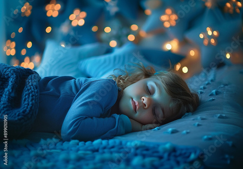 Photo portrait of Peaceful Child Sleeping Under a Starry Night Light © oneli