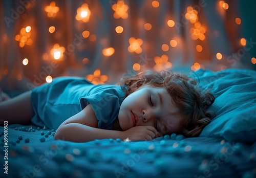 Photo portrait of Peaceful Child Sleeping Under a Starry Night Light