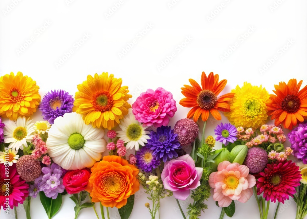 Vibrant colorful flowers of different species arranged in a horizontal row, creating a beautiful border around a clean white space for text or title. Vibrant colorful flowers of different species arranged in a horizontal row, creating a beautiful border around a clean white space for text or title.