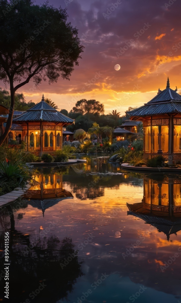 Obraz premium Tranquil Sunset Reflection in a Serene Garden Pond.