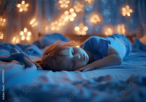 Photo portrait of Peaceful Child Sleeping Under a Starry Night Light photo