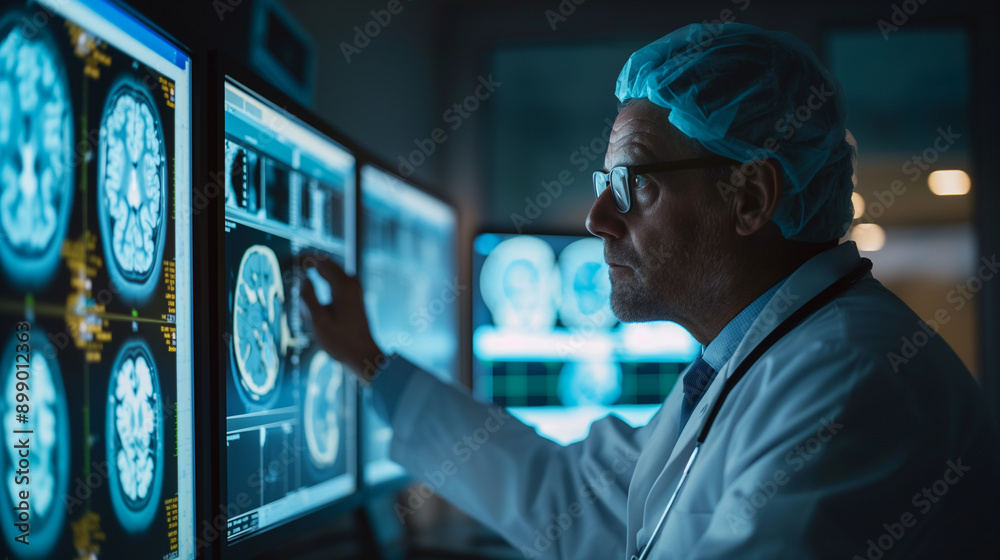 Male Doctor Examining Brain Scans on Computer Monitors in Hospital Male Doctor Examining Brain Scans on Computer Monitors in Hospital