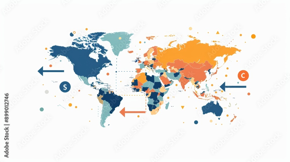 Obraz premium World map backdrop with directional arrows towards continents, showcasing international currencies, market diversity, and cultural symbols