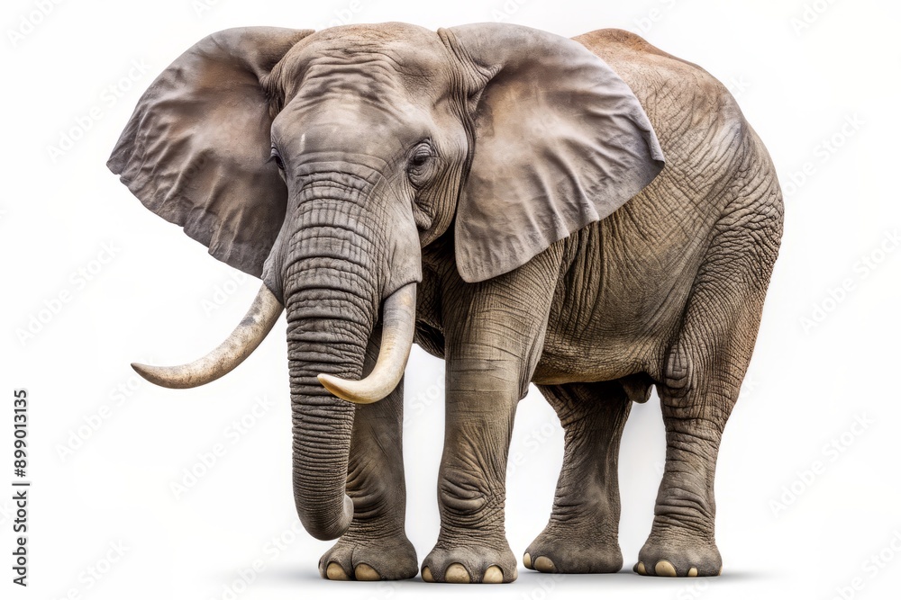 Obraz premium Majestic elephant with wrinkled gray skin and curved tusks stands proudly alone on a pure white background, its ears and trunk elegantly splayed outward.