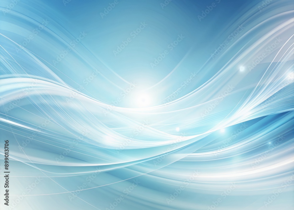 Naklejka premium Softly swirling light blue and white gradient background with wispy lines creates a calming, serene atmosphere, perfect for corporate, technology, or healthcare visual designs.