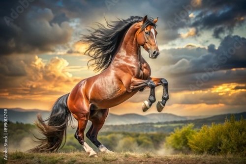 Majestic horse in powerful pose, reared up on hind legs, showcasing strength and elegance, with flowing mane and tail, set against a serene natural background. photo