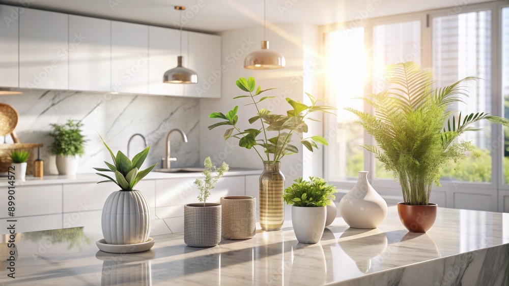Vases and plants isolated on white marble table and white background with lense flare and copy space, apartment or kitchen interior design Vases and plants isolated on white marble table and white background with lense flare and copy space, apartment or kitchen interior design