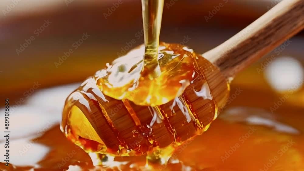 Honey being scooped with spoon, smooth golden texture, viscous flow, rich color and thickness Honey being scooped with spoon, smooth golden texture, viscous flow, rich color and thickness