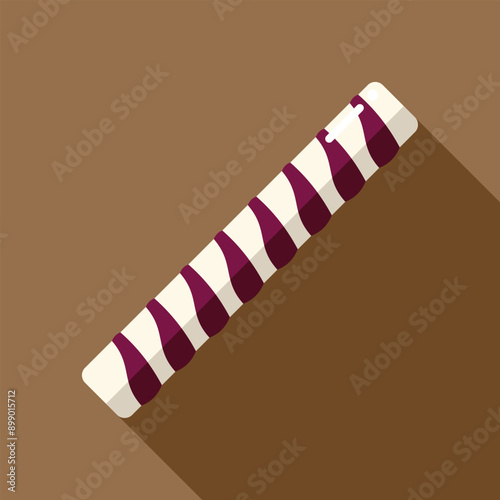 Wafer cookie with stripes of chocolate cream filling is lying diagonally on brown background, in flat design