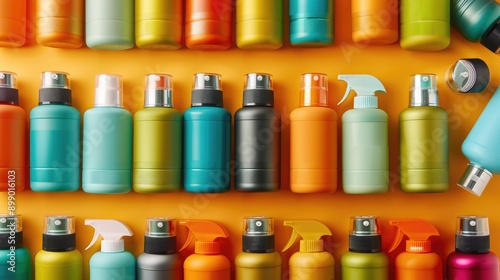 Wallpaper Mural Colorful assorted spray and pump bottles arranged in rows on a bright yellow background. Vibrant and varied designs for packaging concepts. Torontodigital.ca