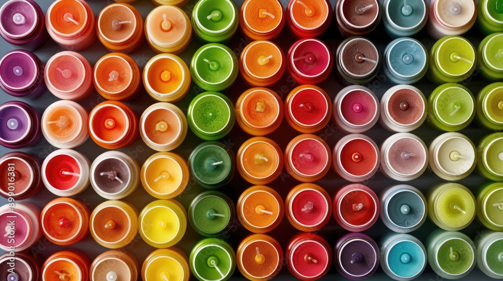 Colorful top view of multiple rows of vibrant candles in various shades and hues, creating a rainbow-like pattern in a tightly packed arrangement. Colorful top view of multiple rows of vibrant candles in various shades and hues, creating a rainbow-like pattern in a tightly packed arrangement.