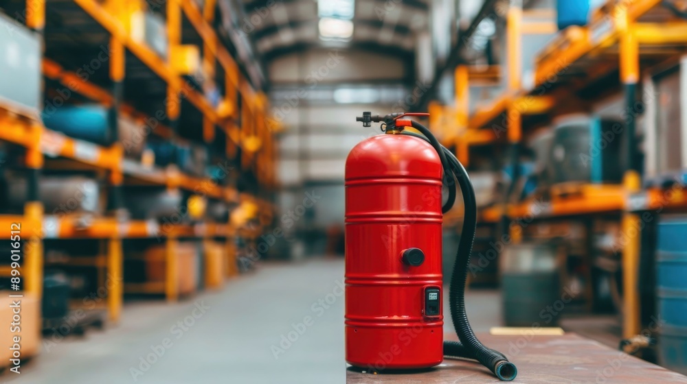 Red Air Compressor Equipment in a Blurred Workshop Setting with Metal Shelves and Tools Industrial Machinery and Utility Devices for Repair and Maintenance Work Red Air Compressor Equipment in a Blurred Workshop Setting with Metal Shelves and Tools Industrial Machinery and Utility Devices for Repair and Maintenance Work