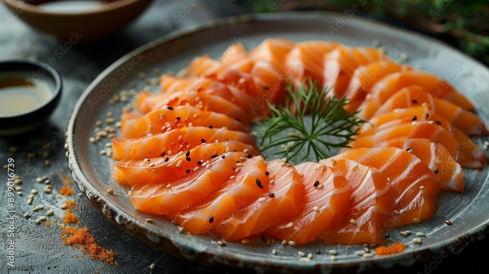 Appetizing Japanese sashimi on a plate on a table. Sashimi on a dark plate as a modern dinner under studio lighting. Appetizing Japanese sashimi on a plate on a table. Sashimi on a dark plate as a modern dinner under studio lighting.