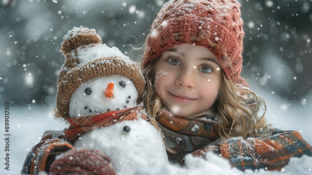 Joyful Winter Fun: Young Girl Playing and Laughing with Her Snowman Companion Joyful Winter Fun: Young Girl Playing and Laughing with Her Snowman Companion