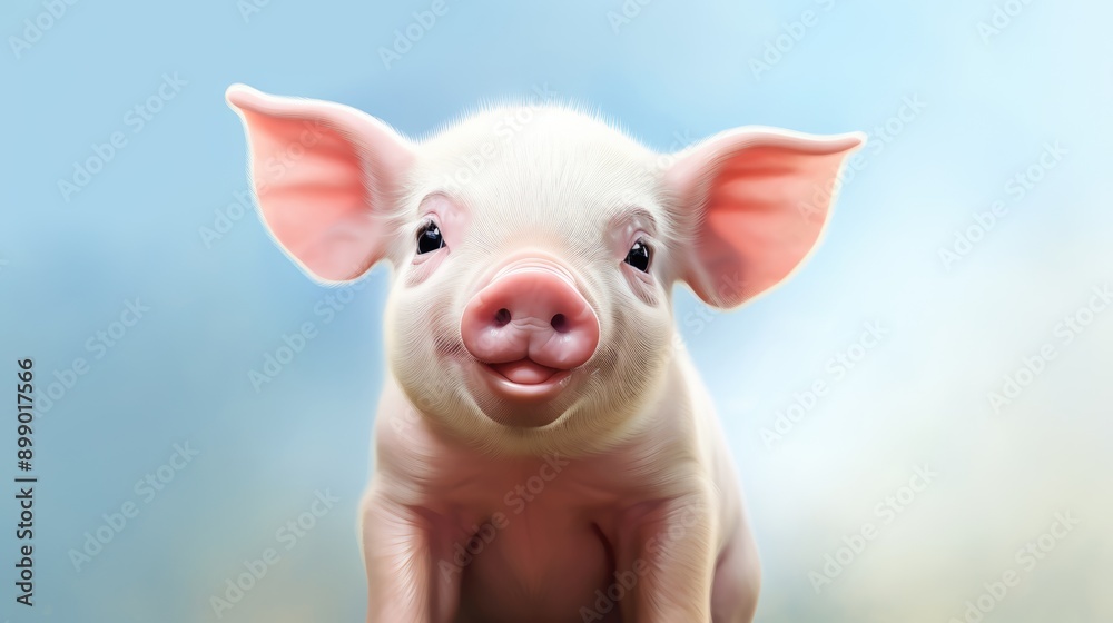 An adorable baby piglet sitting on white clouds with rainbow on blue sky background, showcasing its innocence and charm. An adorable baby piglet sitting on white clouds with rainbow on blue sky background, showcasing its innocence and charm.